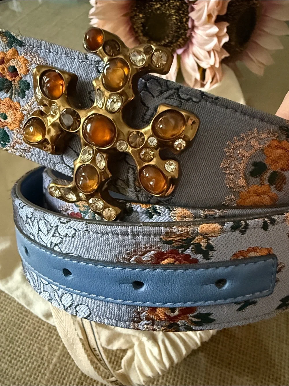 Rare TORY BURCH Eleanor Brocade Crystal Jewel Embellished Belt in Sea Frost Blue